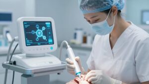 Стоматолог использует лазерный инструмент для лечения кариеса и пульпита при диабете в 2026 году