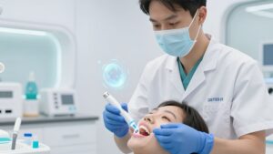Стоматолог использует высокотехнологичный инструмент для гигиены полости рта при диабете в 2026 году